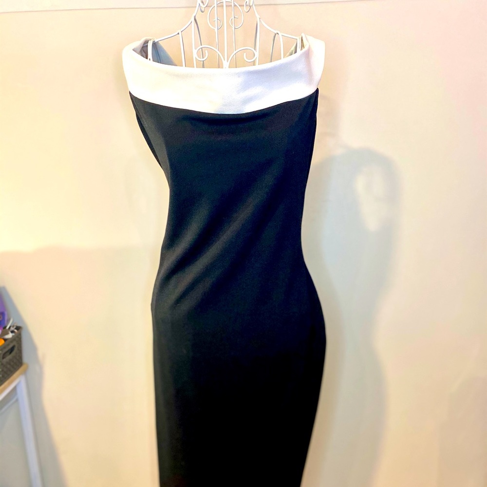 Boohoo black and white off the shoulder dress